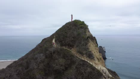 lighthouse on a cliff hill, manabi ecuador, seaside beach coastline, aerial