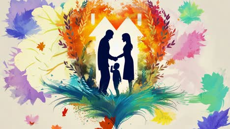 a family of three, a man, a woman, and a child, are holding hands in a heart shape. concept of love, unity, and togetherness. the colors used in the image are vibrant and lively