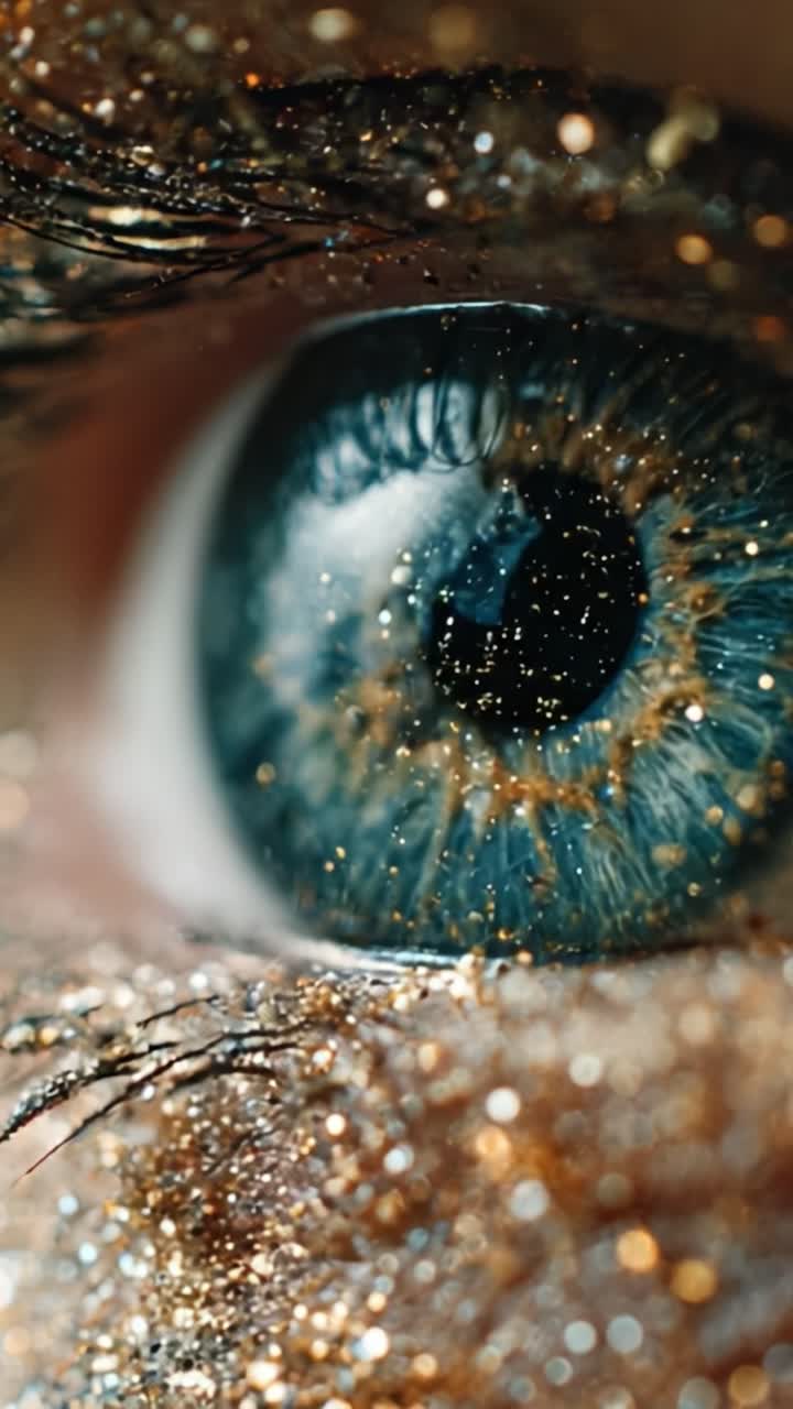 A Stunning Close-Up of an Eye Captured in Glitter, Showcasing Intricate Details and Sparkling Particles that Reflect a Magical Atmosphere