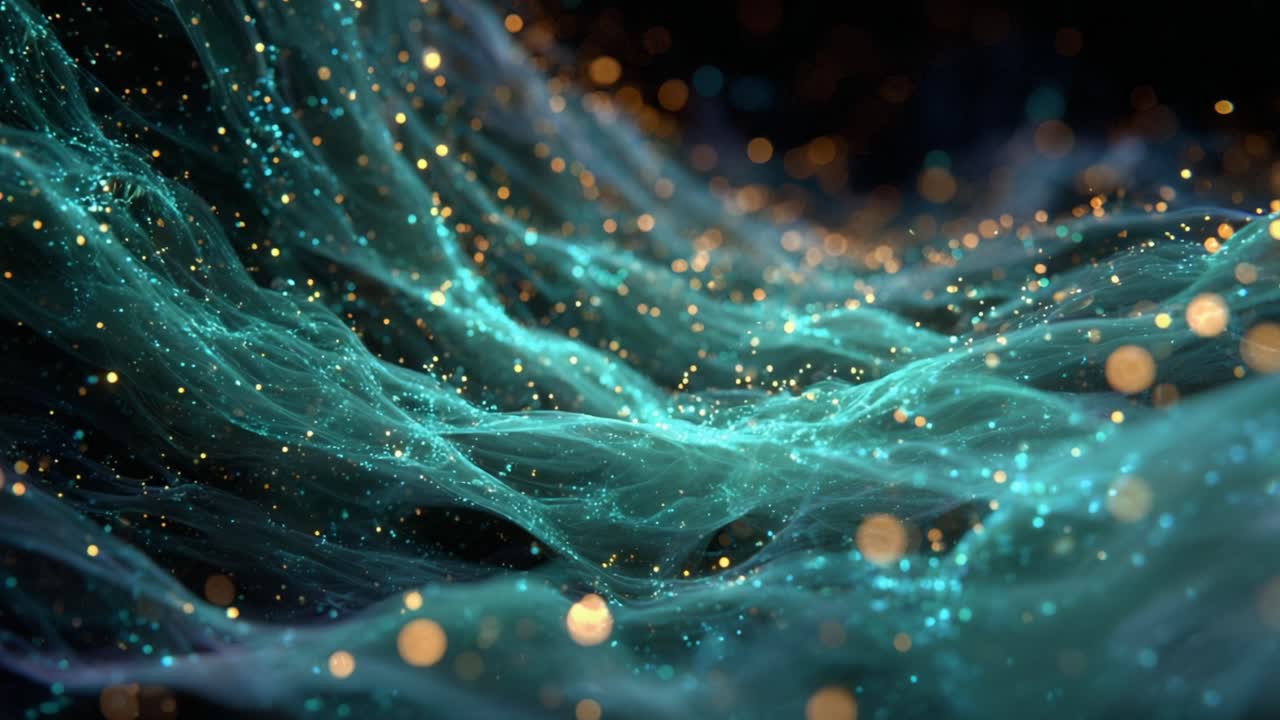 Wavy abstract digital structure with a teal ethereal net and golden glitter particles softly moving and undulating on a dark background, creating a fantastic and magical sense of movement
