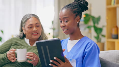 Nurse,-African-and-elderly-woman-with-tablet