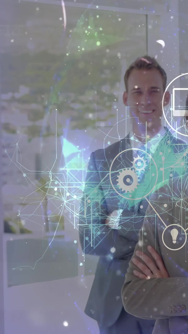 Posing business duo crossing arms in office, wearing blazer and tie, showing digital overlay