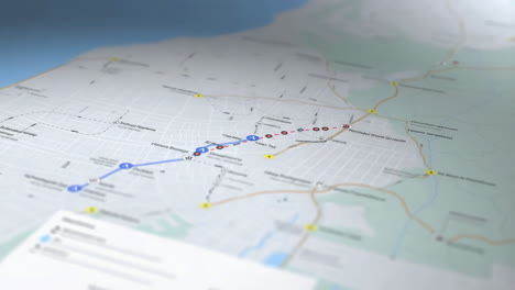 detailed view of a city public transport map highlighting a route