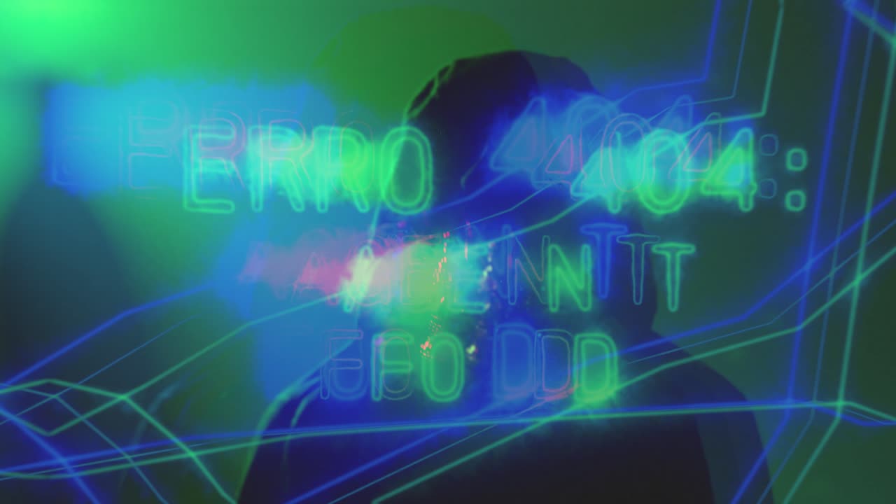 Mysterious hacker in hoodie with mask sitting in darkness using laptop showing error 404 not found. Great for cyber threat, hacking, and online fraud projects