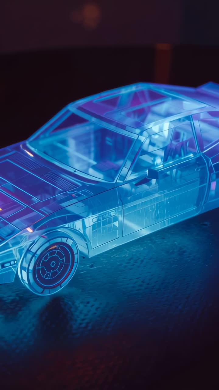 Video verticale: la camera si avvicina, mostrando un'auto in acrilico LED su un tavolo texturizzato, rivelando le incisioni