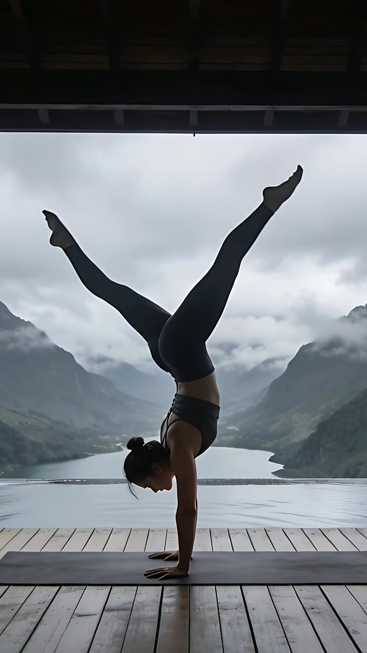 Vertical video: Practicing bent-leg handstand woman in sports bra doing handstands on mat by pool