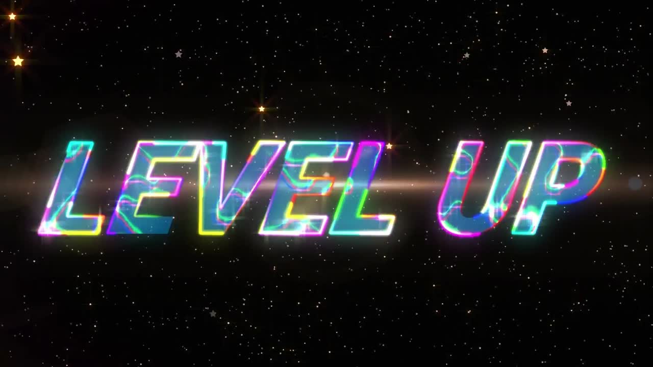 animación de texto brillante de nivel sobre las estrellas en el cielo nocturno