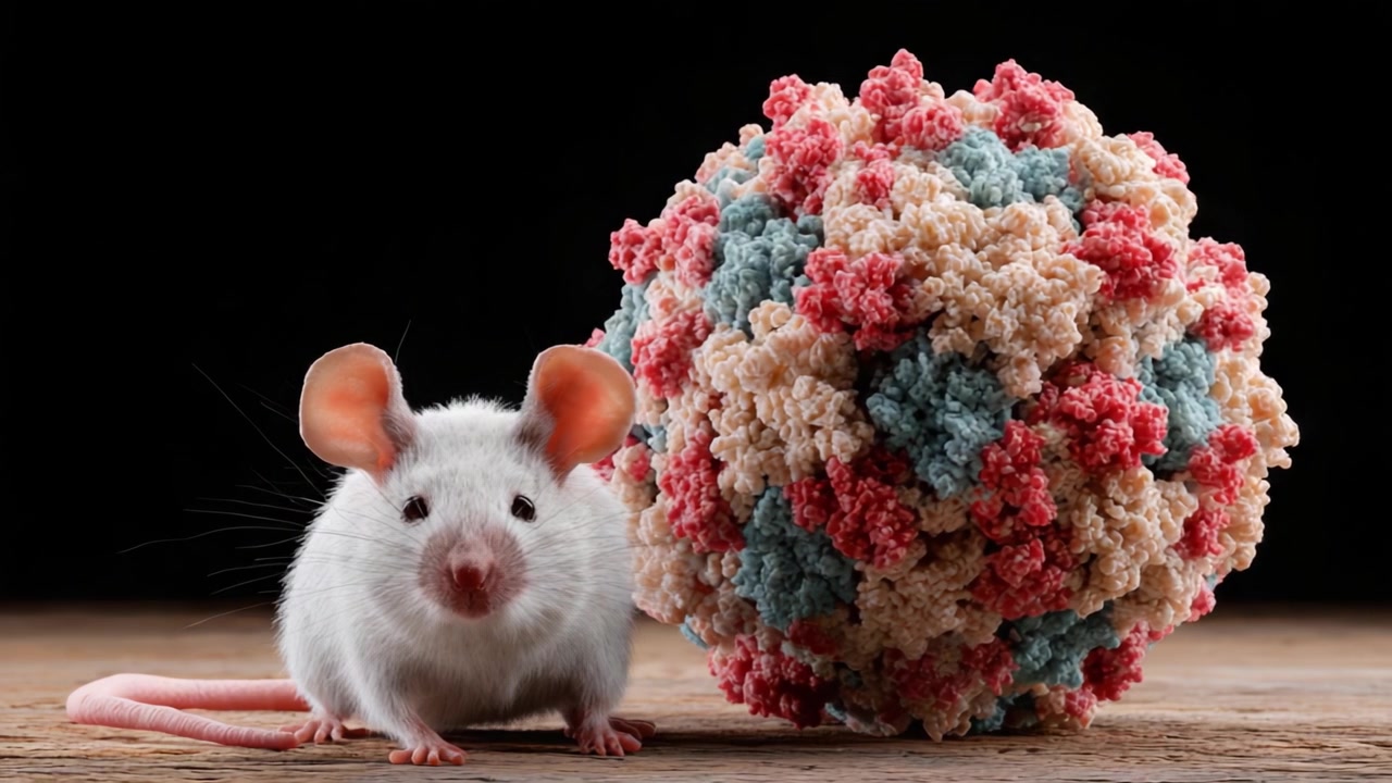 Et imponerende nærbillede af en mus og en farverig viral struktur, der fanger mikrobiologiens fascination i en slående kontrast mellem liv og patogen.