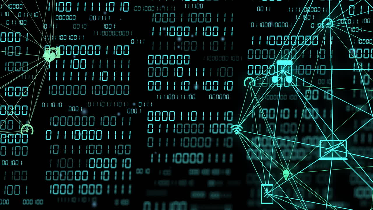 Animation of globe with binary coding and data processing over dark background
