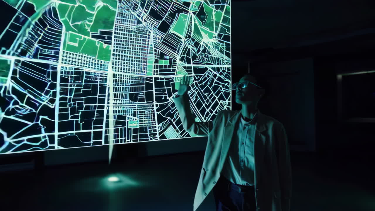 Woman Interacting with Digital City Maps