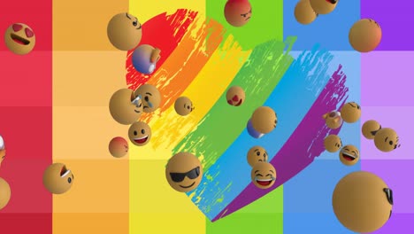 Animation-of-emoji-over-rainbow-heart-on-rainbow-background