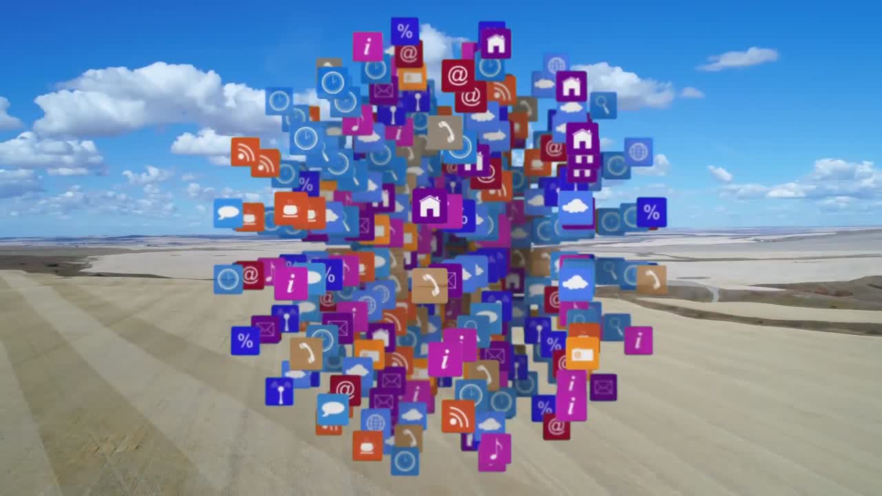 animación del globo con iconos digitales en línea flotando sobre el campo