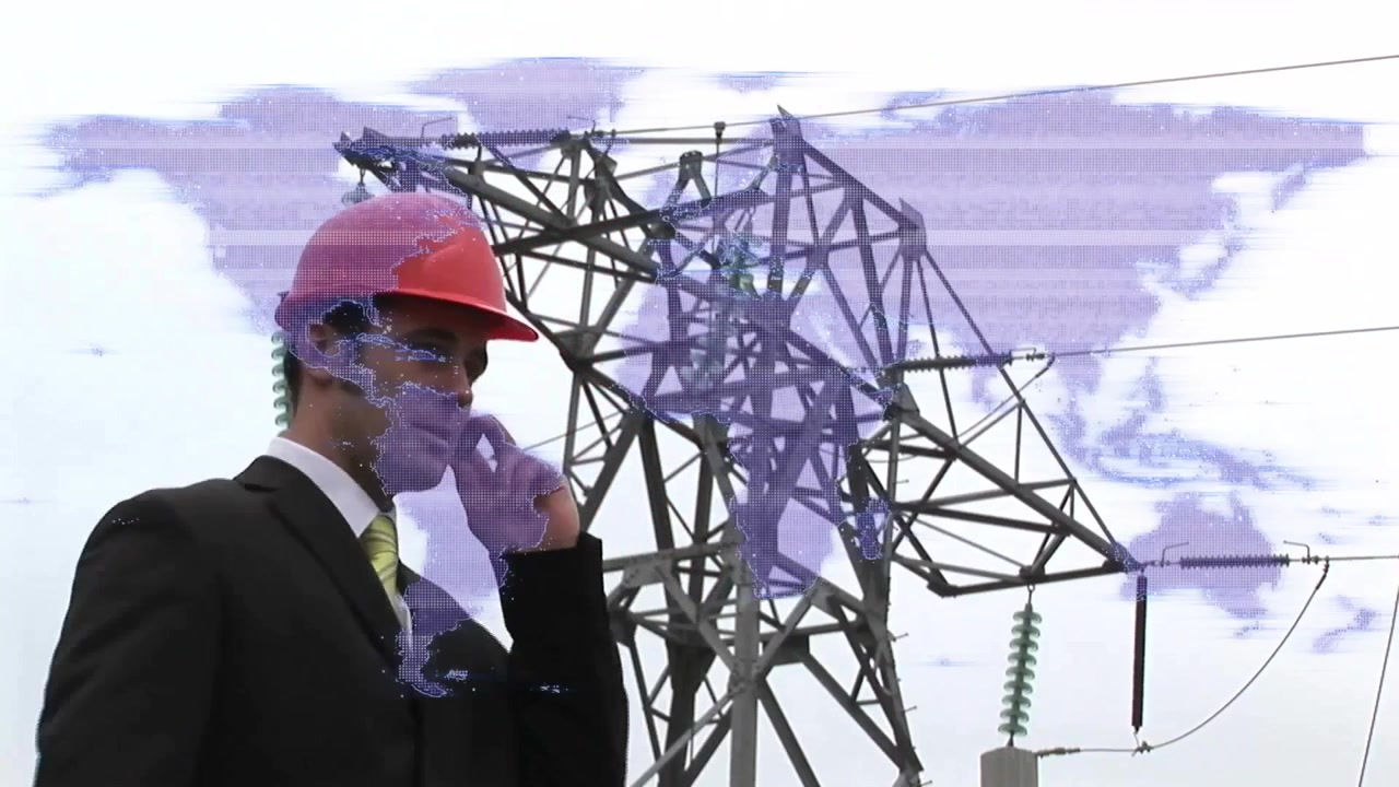 Receiving call, engineer talking on phone at tower while animated power data guiding inspection