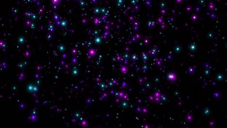 Animation-of-glowing-blue-and-purple-spots-falling-on-black-background