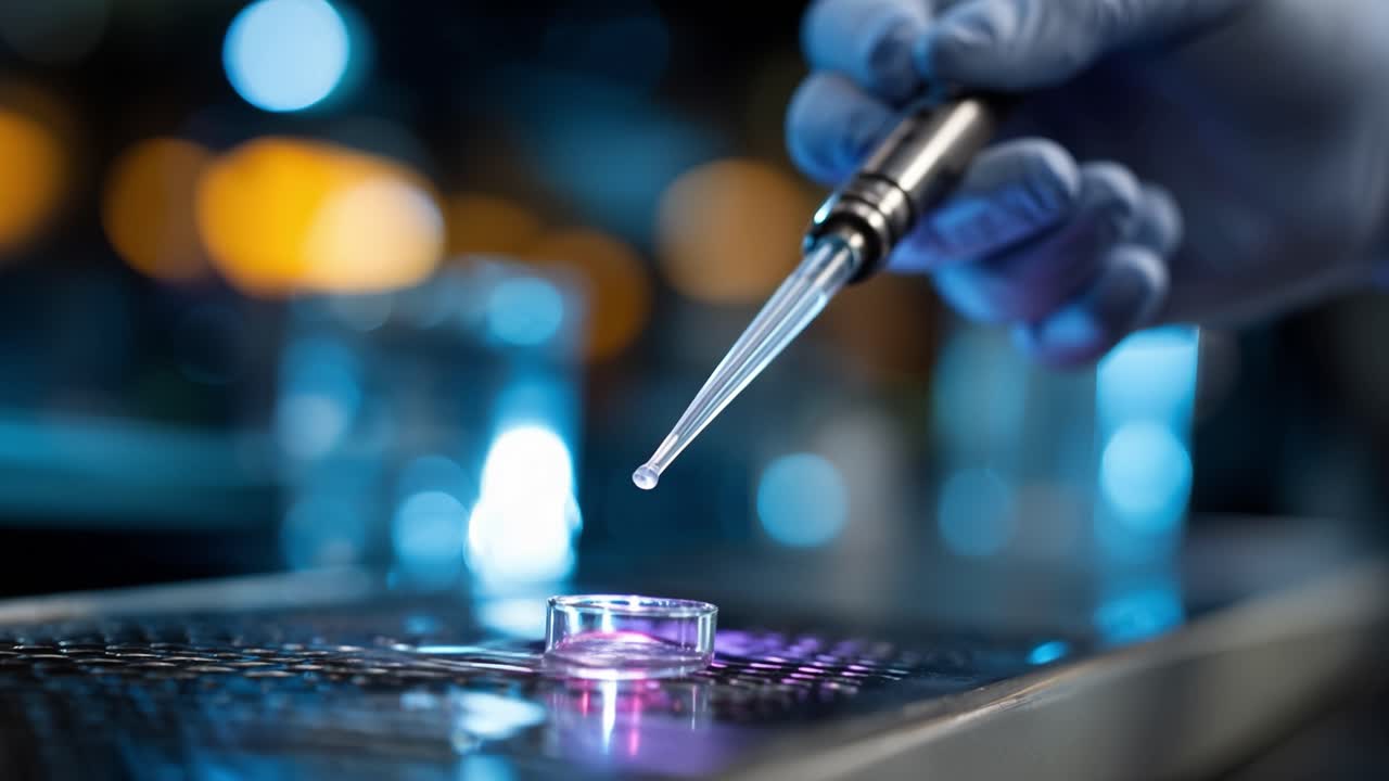 Precision In Laboratory: A Focused Hand Pipetting Liquid into a Petri Dish Under Controlled Conditions in a High-Tech Scientific Environment