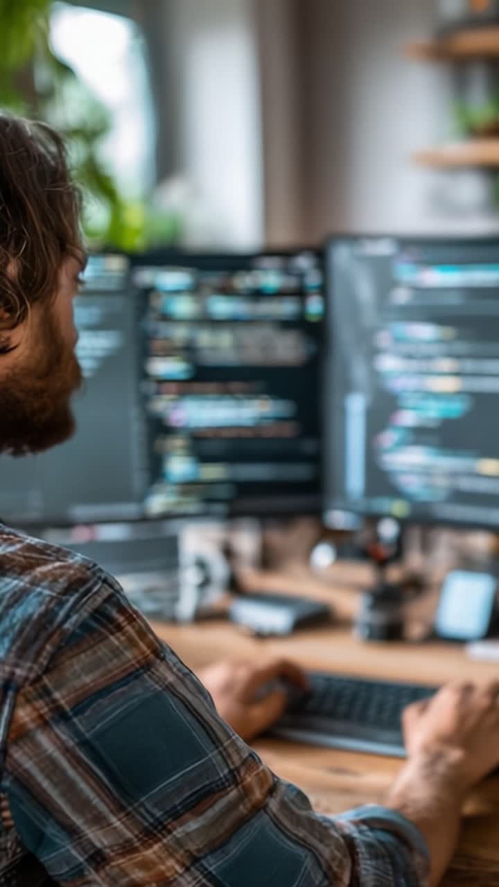 A Focused Programmer Engaged in Coding on Dual Monitors with Lines of Code, Showcasing the Complexity and Creativity of Software Development