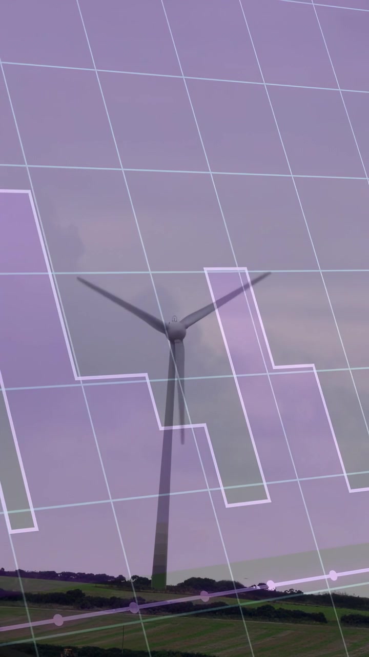 Video verticale: Vento che spinge le pale delle turbine facendole girare attraverso una griglia viola e barre bianche che generano energia.