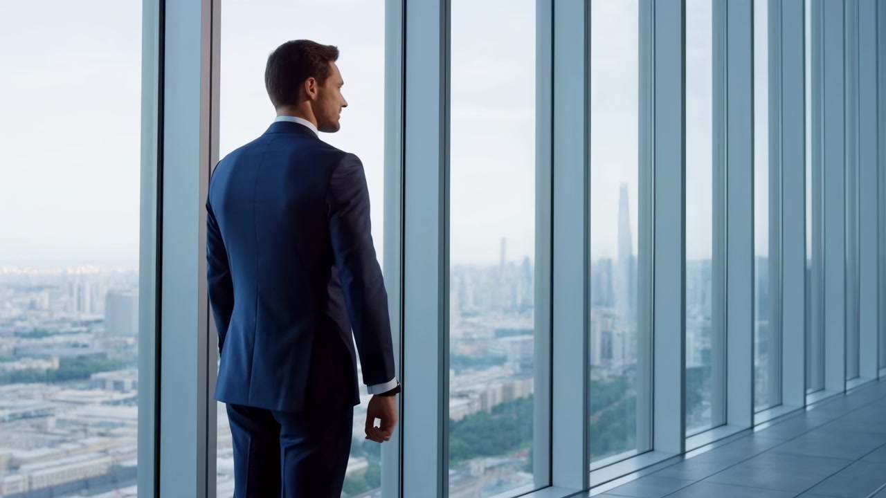 Mand i jakkesæt kigger ud ad vinduet over byens skyline, stemning af kontor i højhus, eftertænksom positur, tjekker ur.