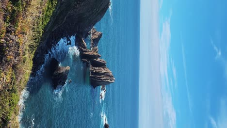 zambujeira do mar over the sea shore with ocean waves, cliffs and sand dunes covered by green vegetation red leaves of sour fig, sunny day, clear blue sky