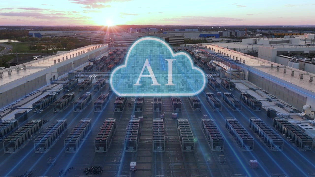 AI-datacentre i USA viser industrielle kølesystemer og AI-sky-animationer midt i voksende kontrovers om arealanvendelse og strømforbrug. Luftfoto med specialeffekter