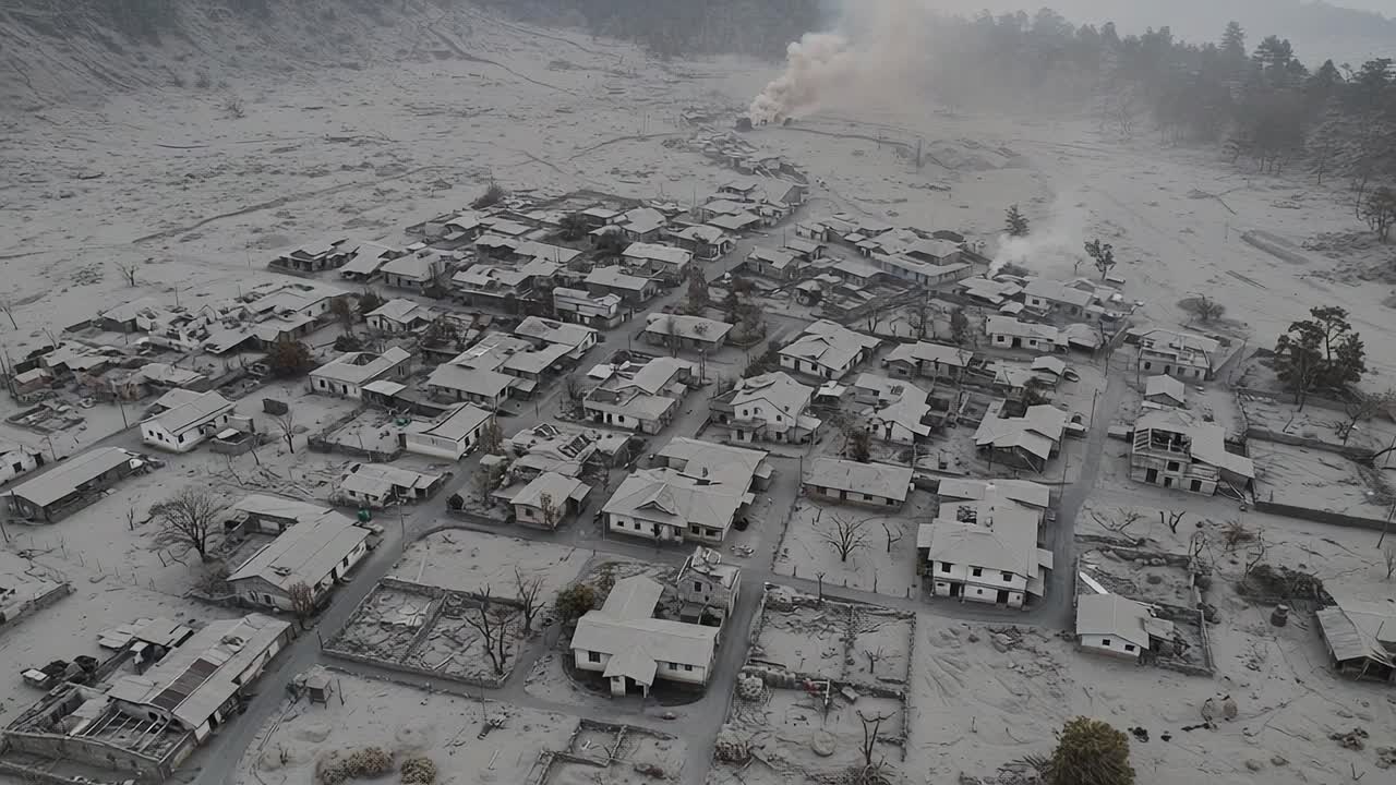 Destructive Aftermath: Aerial View of Ash-Covered Settlement Following Natural Disaster with Erupting Smoke in the Background, Depicting Environmental Impact and Recovery Challenges