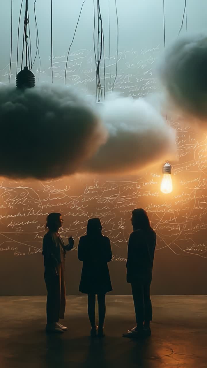 Three Individuals Engaged in Thoughtful Conversation Under Soft Cloud Decorations and Ambient Lighting in an Artistic Space