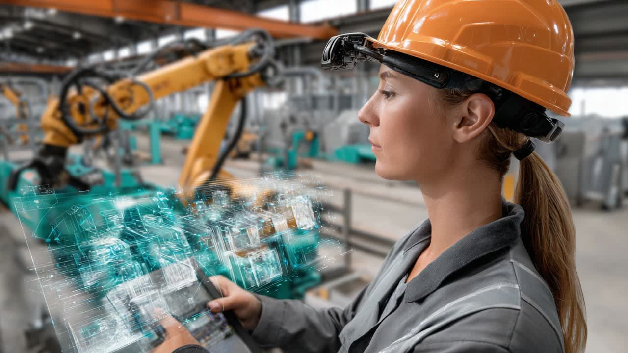A Female Engineer Analyzing Automated Systems with Advanced Technology in a Modern Manufacturing Facility, Emphasizing Innovation and Robotics in Industry