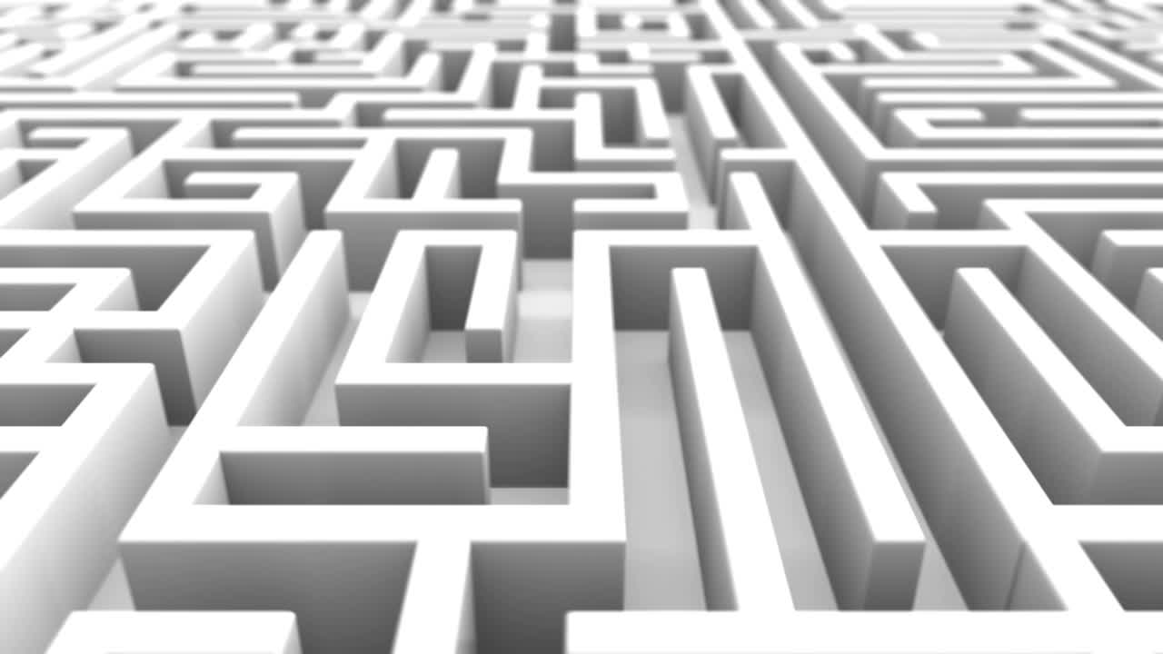 끝없는 미로를 가로질러 끊임없는 비행 창조적 추상 성공, 마케팅, 전략 및 동기 부여 비즈니스 개념: 3d 렌더링 4k 비디오