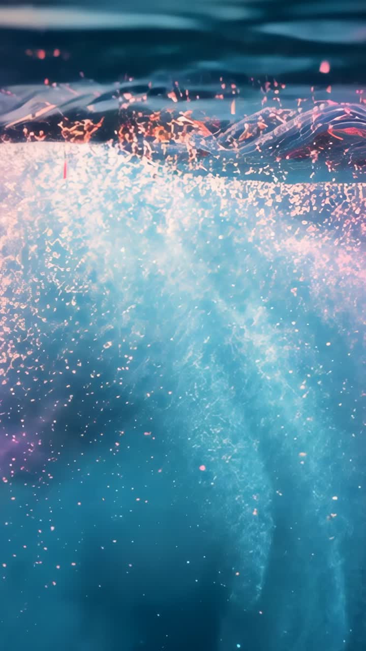 Vertical video: Bubble stream rising below surface, joining glowing particles into swirling plume