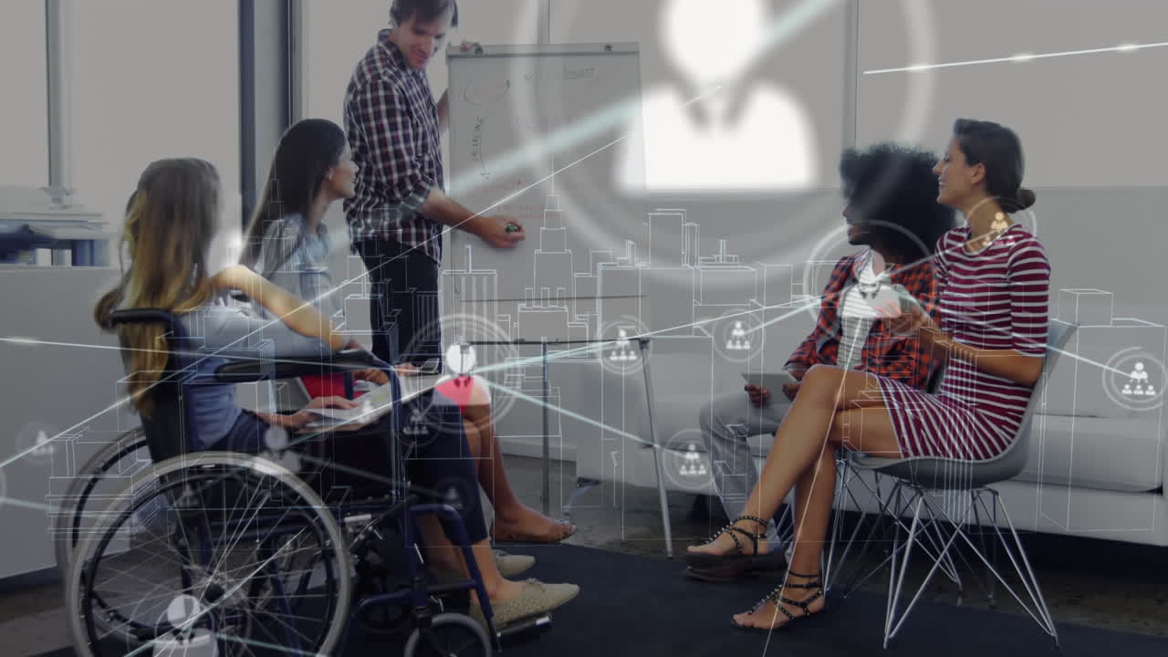 animación de la red de conexiones sobre mujeres caucásicas discapacitadas con diversas personas de negocios
