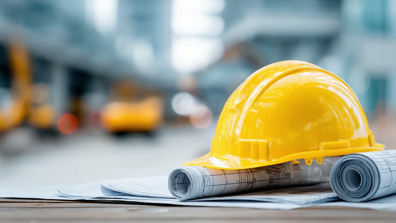 Simboleggiando la Sicurezza Nelle Costruzioni, un Casco Giallo Brillante Appoggiato su Piani Architettonici Sottolinea l'Importanza Vitale dei Dispositivi di Sicurezza e della Pianificazione nei Progetti di Ingegneria.