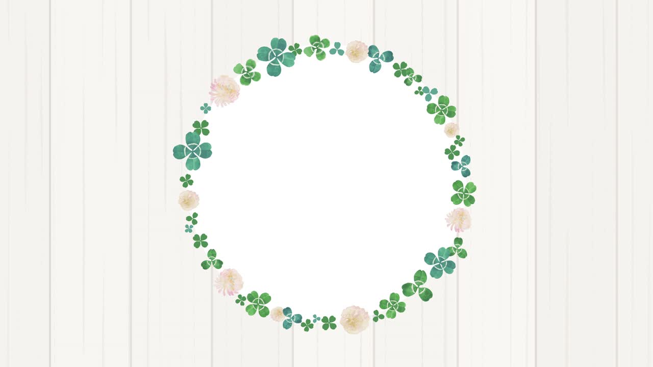 Clover wreath spinning in the center, watercolor illustration (white wood grain background)