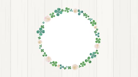 clover wreath spinning in the center, watercolor illustration (white wood grain background)