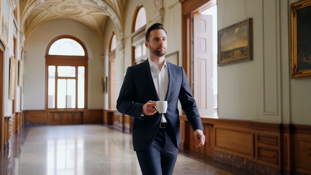 Uomo d'affari fiducioso che cammina attraverso un elegante corridoio con una tazza di caffè
