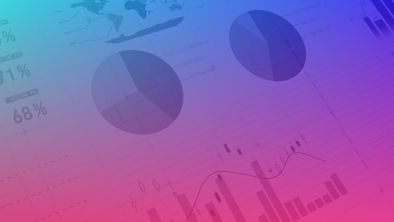 Animation of financial data processing and statistics over pink to purple background
