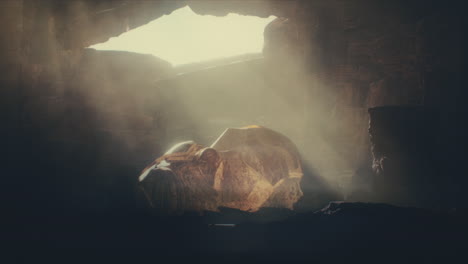 a head of the giant ancient deity statue hidden in a cave