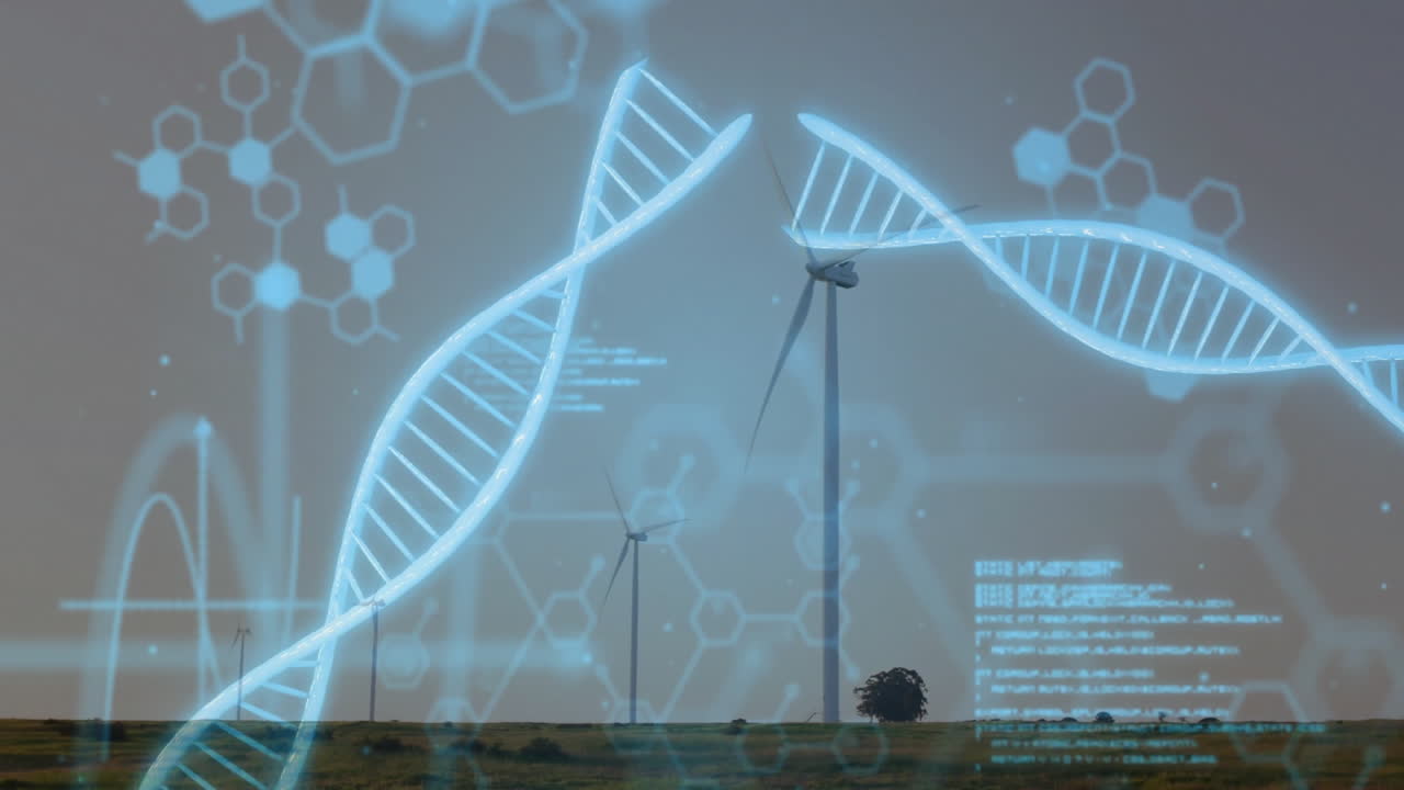 Digital DNA helix floating above wind farm at dusk, showing turbines, molecules, data code in 3D