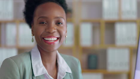 Night,-laugh-and-face-of-black-woman-in-office