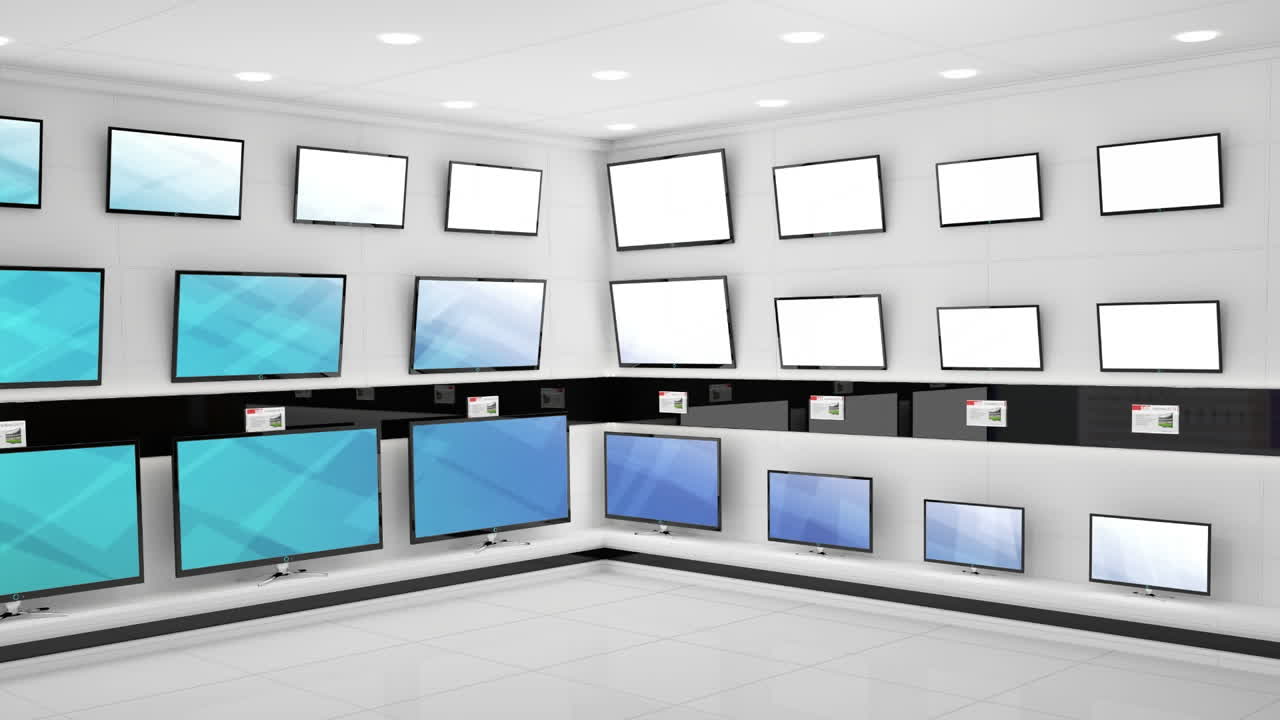 상점 의 파란색 스크린 에 빛나는 패턴 을 가진 텔레비전 세트 의 줄 의 애니메이션