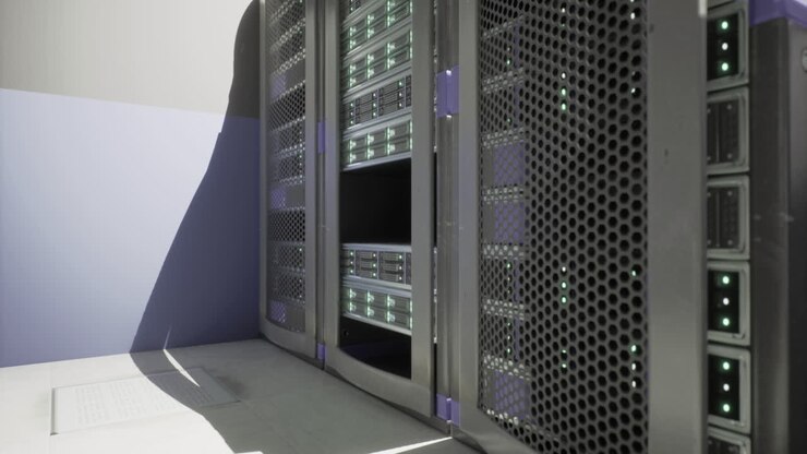 Data center equipment showcases advanced technology setup in modern workspace