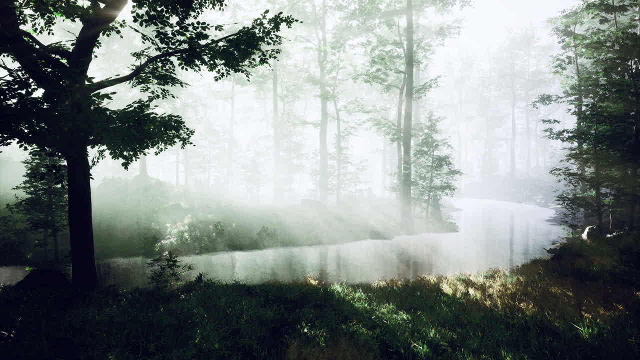 Morning mist envelops tranquil forest landscape near a serene waterway