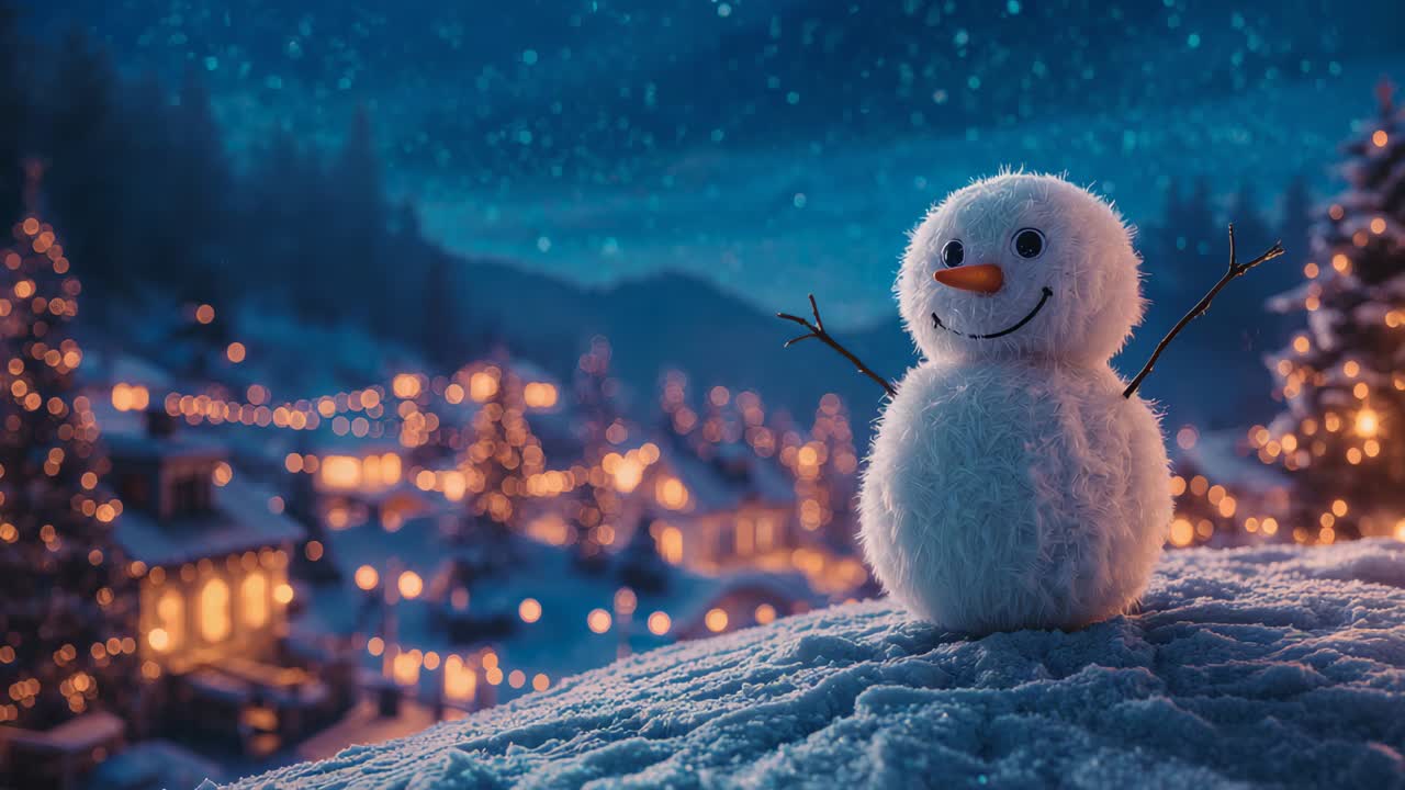 Fluffy snowman standing on snowy hill, watching snowflakes drifting past string lights, copy space