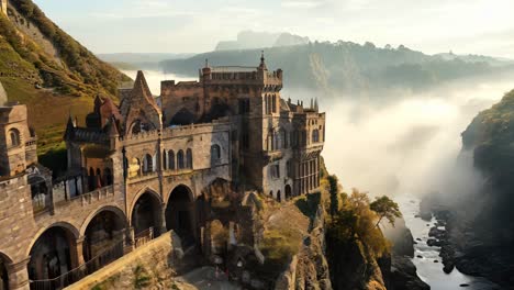 historic castle overlooking a misty river at dawn in a scenic landscape