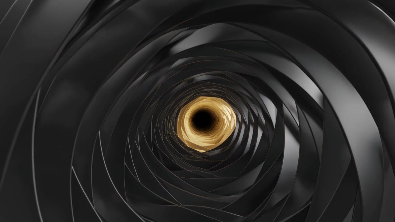 Kameraet bevæger sig fremad og afslører en gylden åbning inde i en spiraltunnel, der viser satin sorte bånd.