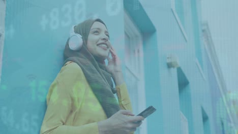 Animation-of-trading-board-over-biracial-woman-wearing-hijab-listening-to-music-on-cellphone