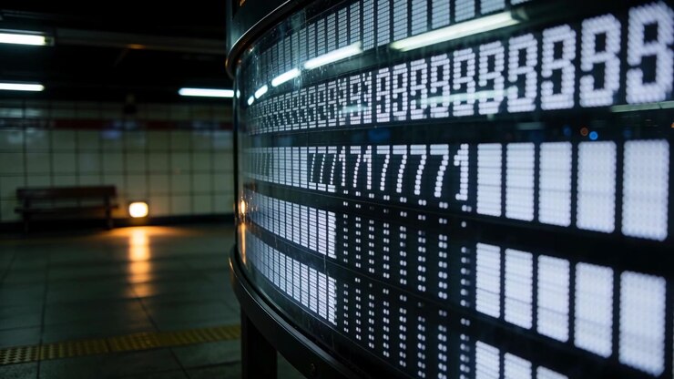 Sequence starting, cycling curved dot-matrix display scrolling 7s and 2s on metro platform
