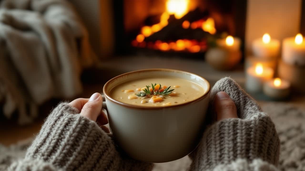 Cozy scene featuring warm soup held in hands, with soft knitted gloves, surrounded by blankets and flickering candles, creating a comforting atmosphere by the fireplace for relaxation