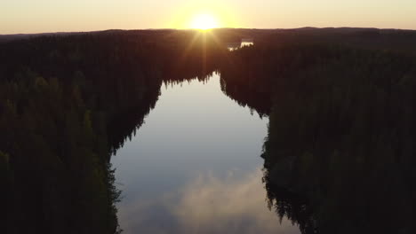 drone video of a narrow river by sunset in the boreal wilderness