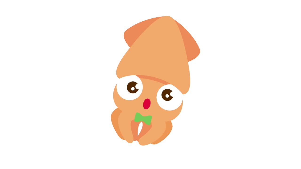 만화의 평평한 디자인 애니메이션 귀여운 큰 눈 오징어와 타이 수영. 색 배경