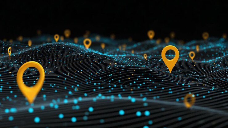 A Captivating Visual of Abstract Coordinates and Digital Terrain Featuring Dynamic Waves of Light and Geolocated Markers in a Futuristic Design